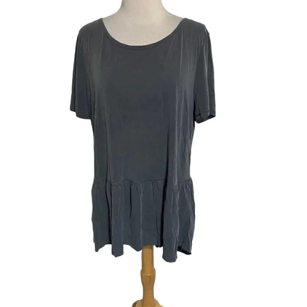 Mote Peplum Top XXL Charcoal Gray Modal Blend Lace‎ Up Back Short Sleeve Tunic